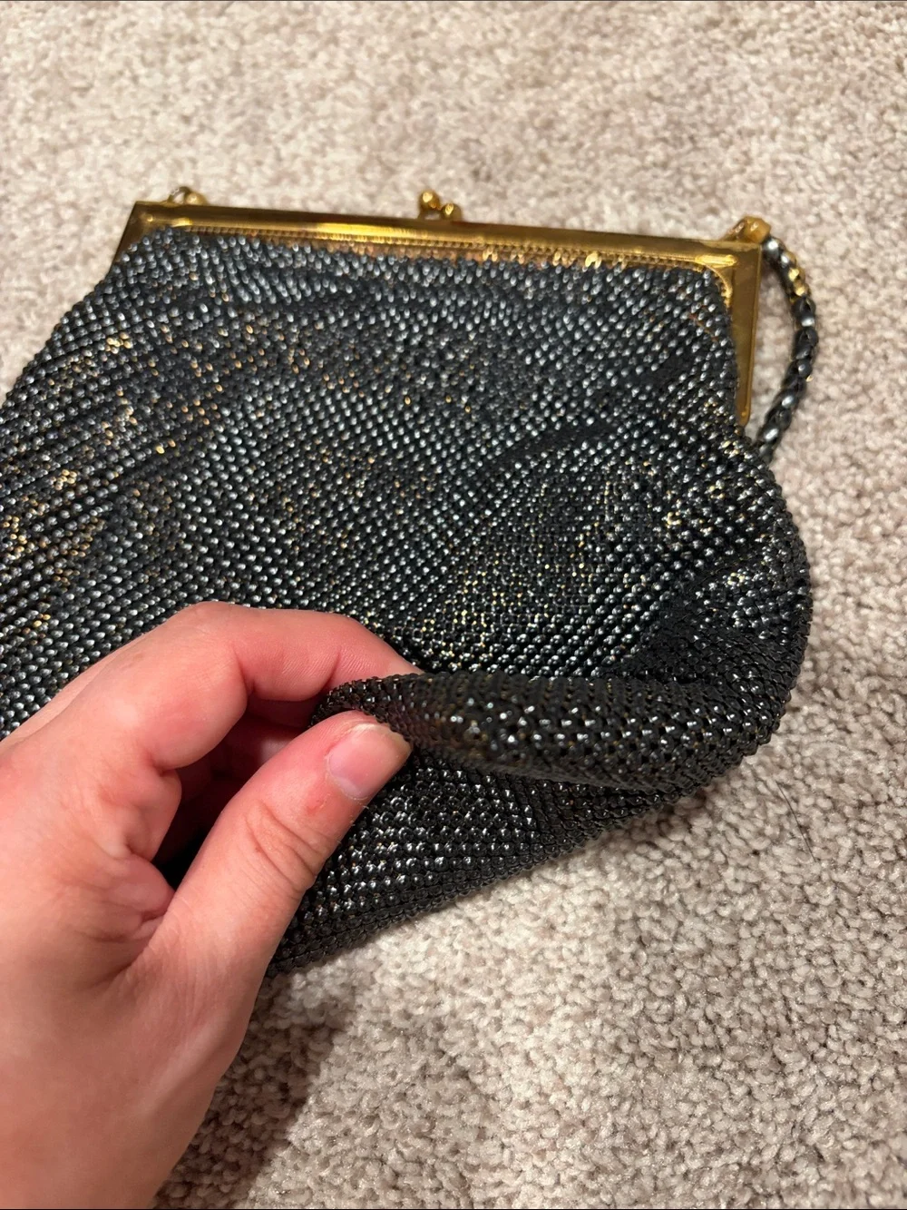 Vintage Whiting & Davis Metal Mesh Black Gold Evening Bag Copper Satin Lining